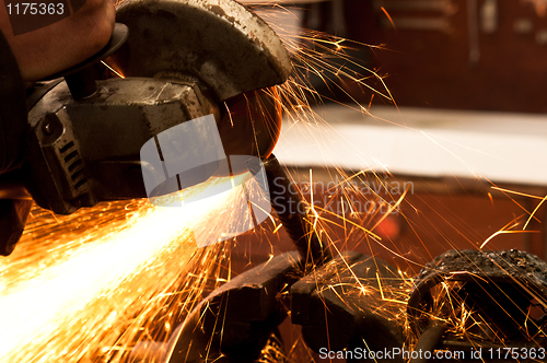 Image of Close up of a metal sawing machine with sparks