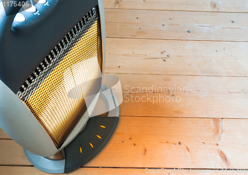 Image of A halogen or electric heater on wooden floor