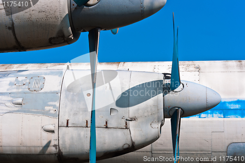 Image of Close up view of a propeller airplane