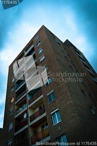 Image of Old soviet panel building with dark sky