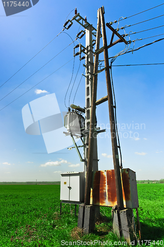 Image of Power lines against green field and blue sky