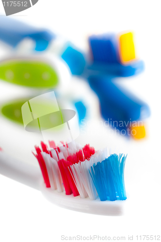 Image of Close-up colorful toothbrush on a white background