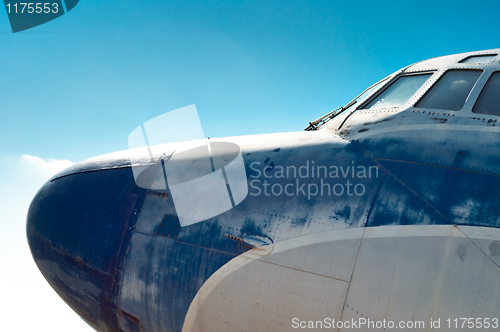 Image of Close up view of a vintage propeller airplane