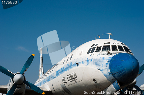 Image of Close up view of a vintage propeller airplane