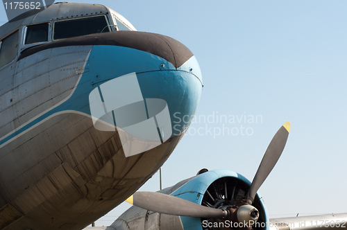 Image of Close up view of a vintage propeller airplane