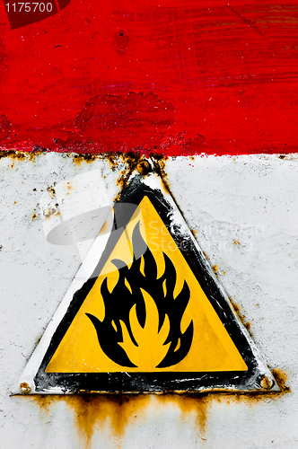 Image of Beware of fire sign on rusty metal