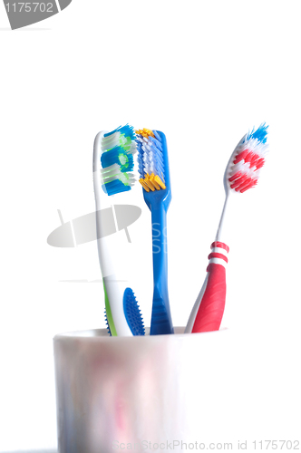 Image of colorful toothbrushes in a glass over white