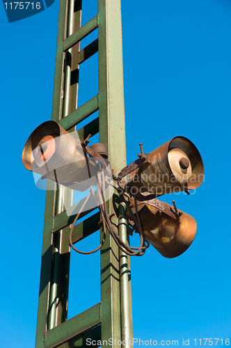 Image of Rusty old, but working speakers at a hungarian train station