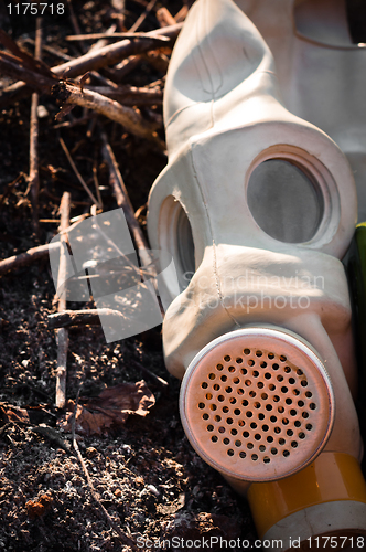 Image of A gasmask on burnt ground