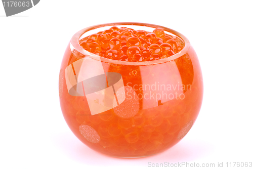 Image of Glass bowl filled with red salmon caviar