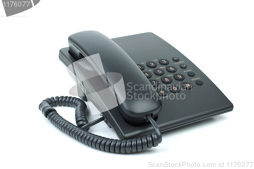 Image of Black office phone with handset on-hook