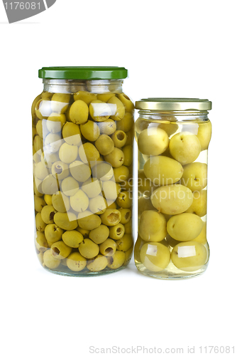 Image of Glass jars with pitted and giant green olives