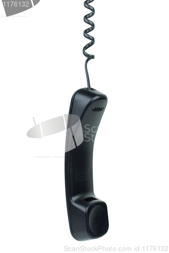 Image of Black phone handset hanging on cord