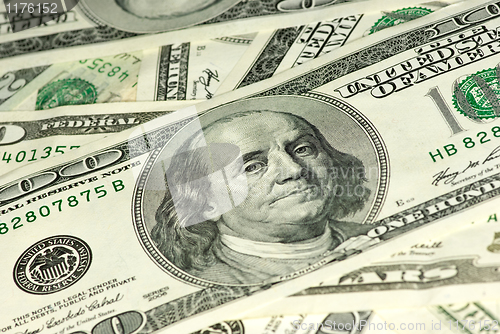 Image of Close-up shot of $100 bill. Shallow DOF