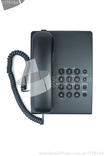 Image of Black office phone with handset on-hook