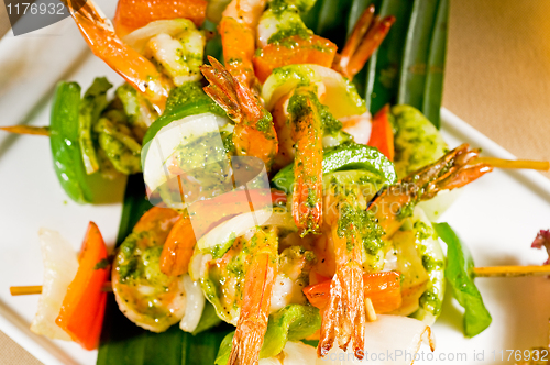 Image of shrimps and vegetables skewers