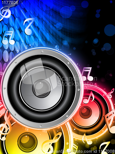 Image of Disco Speaker with Music Notes in Neon Rainbow Circle