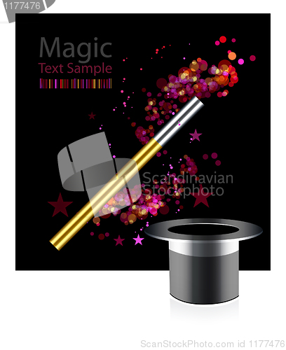 Image of Beautiful vector magic background with wand and hat