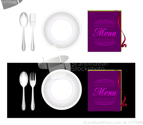 Image of Plate, fork, spoon, menu