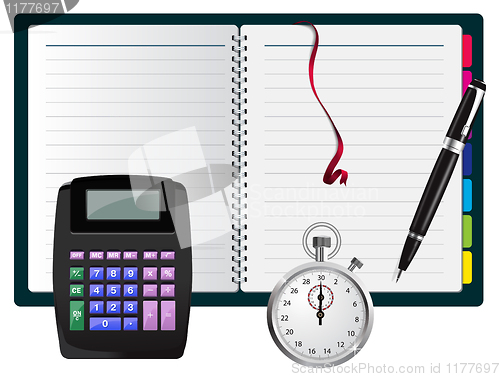 Image of Vector note with calculator, pen and stopwatch