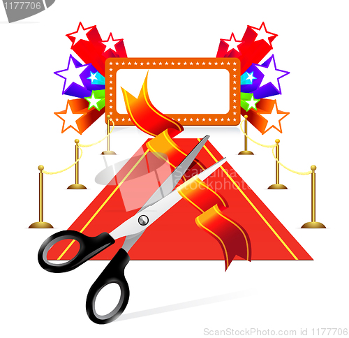 Image of Red carpet with scissors and star background