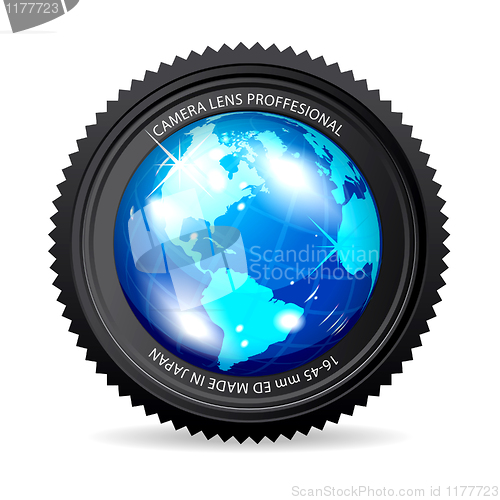 Image of Zoom the World! Vector illustration of camera lens with Globe