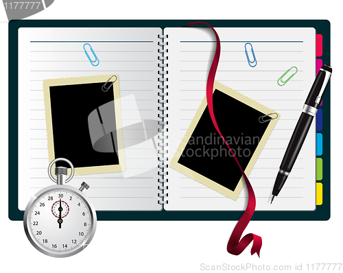 Image of Stopwatch, paperclips, notebook with bookmark