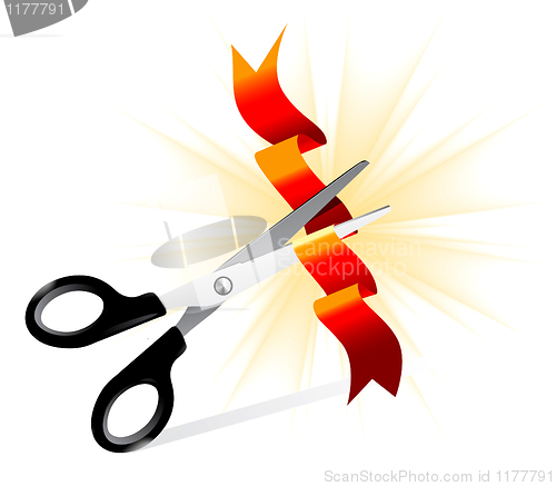 Image of Vector art of scissors cutting ribbon in front of currency symbo