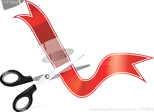 Image of Vector art of scissors cutting ribbon in front of currency symbo