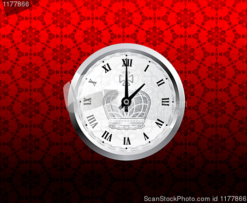 Image of Vintage clock on red pattern style background