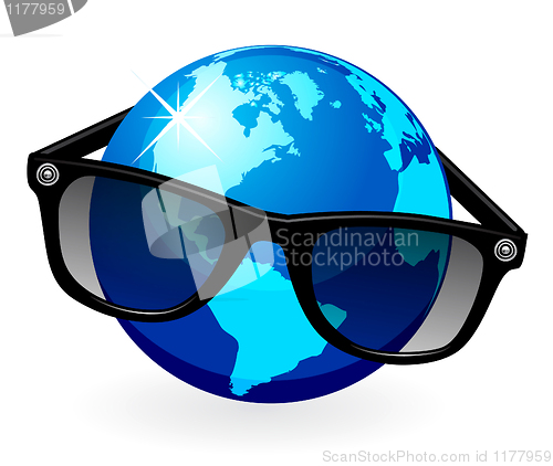 Image of Globe is in dark eyeglasses 