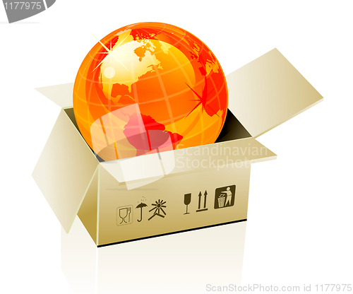 Image of Earth globe in cardboard box