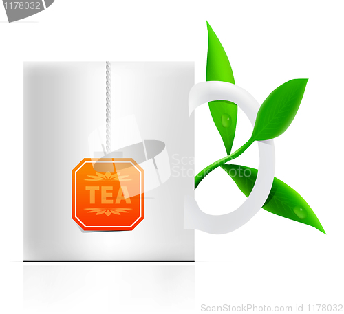 Image of vector tea mug with teabag label and leaves