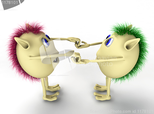 Image of 3d two character puppets holding each other