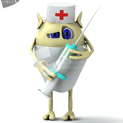 Image of 3d character  doctor is holding syringe
