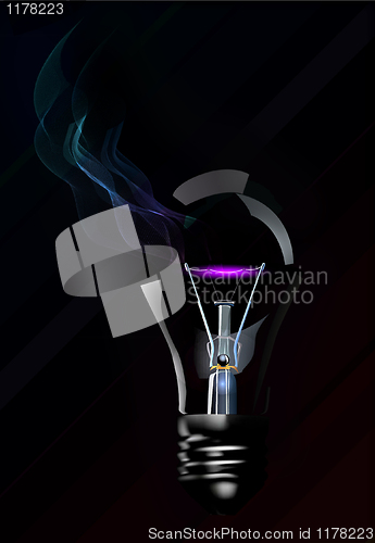 Image of Broken light bulb with smoke on black background 