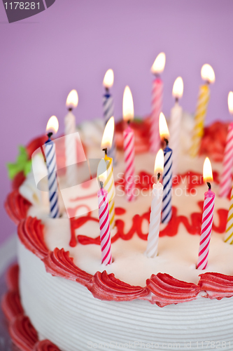 Image of Birthday cake with lit candles