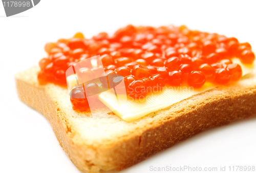 Image of red caviare sandwich on white