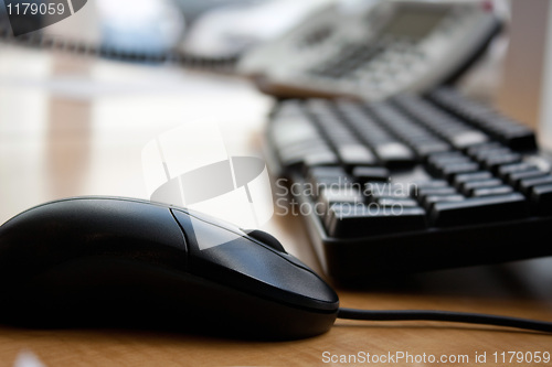 Image of Office Computer Keyboard Mouse and Phone