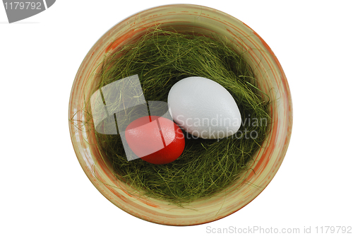 Image of two eggs in a plate with green grass