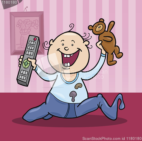 Image of boy with remote control and teddy bear