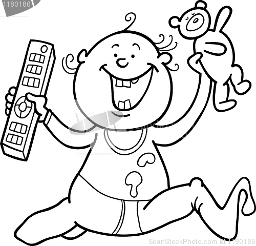 Image of boy with remote control and teddy bear for coloring book