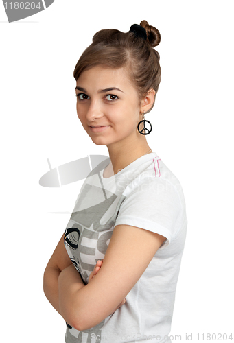 Image of portrait of a girl in a pacifist earrings