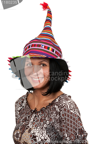 Image of portrait of a woman in a colored hat