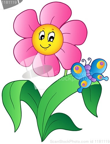 Image of Cartoon flower with butterfly