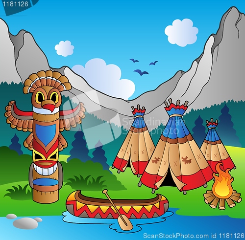 Image of Indian village with totem and canoe