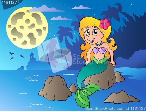 Image of Night seascape with cartoon mermaid