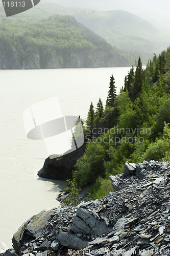 Image of Mountain landscape with landslide in foreground