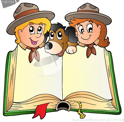 Image of Opened book with two scouts and dog