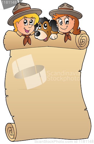 Image of Scroll with two scouts and dog